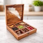 Kerala Map Wooden Spice Gift Box – Handcrafted Sheesham Kerala Wooden Spice Gift Box with 9 Premium Whole Spices & Glass Window - Image 2