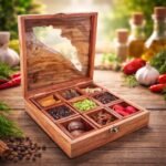 Kerala Map Wooden Spice Gift Box – Handcrafted Sheesham Kerala Wooden Spice Gift Box with 9 Premium Whole Spices & Glass Window - Image 3