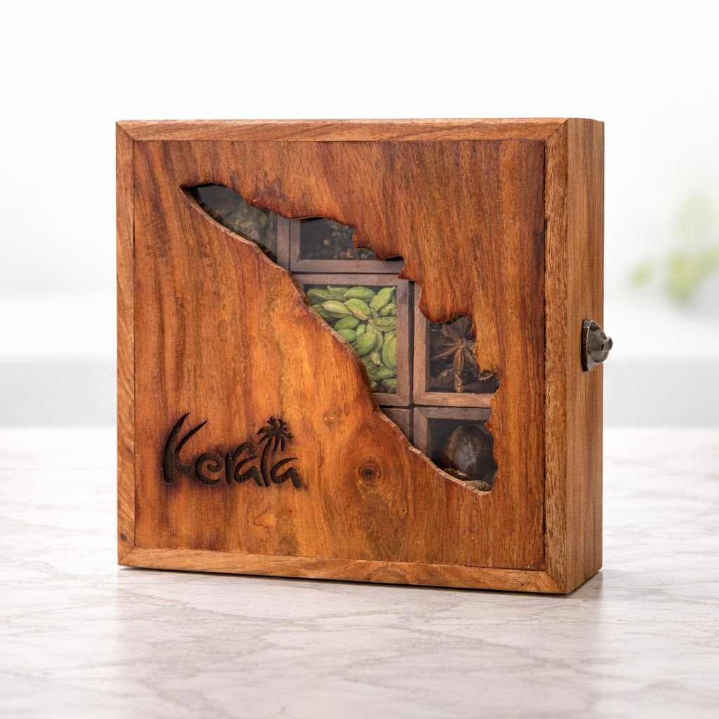 WhatsApp-Image-2026-04-15-at-10.01.30-AM.jpg Kerala Map Wooden Spice Gift Box – Handcrafted Sheesham Kerala Wooden Spice Gift Box with 9 Premium Whole Spices & Glass Window - Image 1